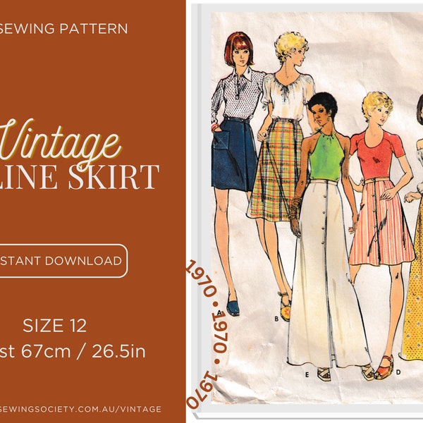 PDF Digital Download Sewing Pattern - Vintage 1970s Aline Wrap Skirt, 3687 - Size 12, Waist 67cm, 26.5in