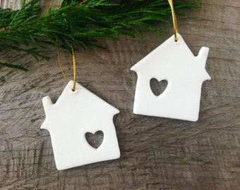 Set of 6 house shaped ornaments with Heart window