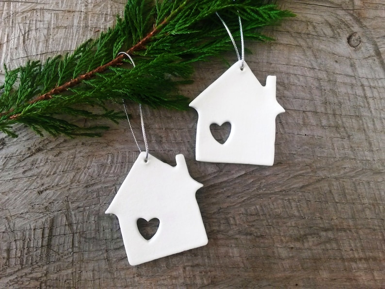 Set of 6 house shaped ornaments with Heart window image 3