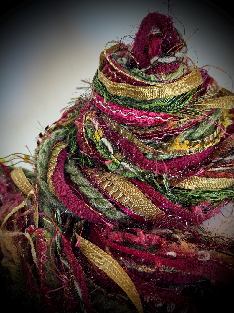 Thread Fiber Zoomed In New - DECK THE HALLS, 32 Yd Adornment Fiber Art Bundle, Specialty Yarn ...
