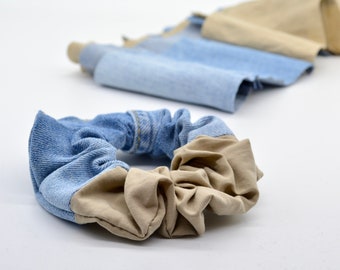 Scrunchie - hybrid trench and jeans (large cable tie / hair tie in a trendy patchwork design, super modern and gentle on your hair)