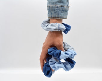 Scrunchie - Two Tone Denim (large cable tie / hair tie in a trendy jeans patchwork design, super modern and gentle on your hair)