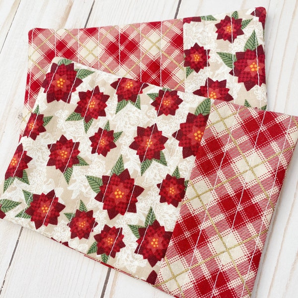 Set of Two Poinsettia and Plaid Mug Rugs, Christmas Coasters