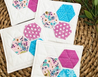 Purple and Blue Floral Quilted Drink Coasters, Set of Four Coasters