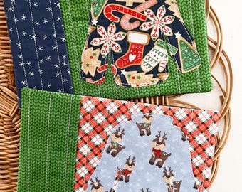 Set of Two Ugly Christmas Sweater Mug Rugs, Christmas Coasters