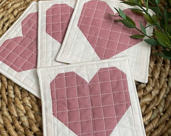 Pink Quilted Heart Drink Coasters, Set of Four Coasters