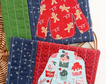 Set of Two Ugly Christmas Sweater Mug Rugs, Christmas Coasters