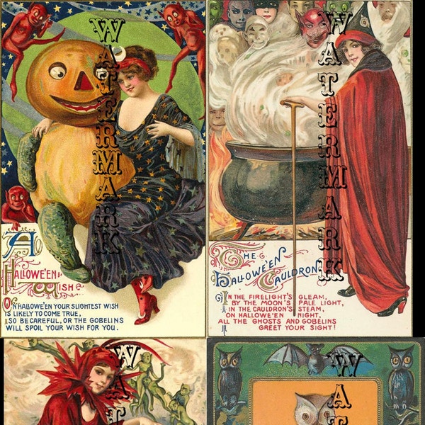 4 digital Vintage victorian Halloween Postcard Images for crafting 600 DPI scrapbooking containing witch devil pumpkin ghost owl demon moon