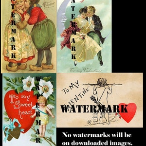 4 digital Vintage victorian Valentines Postcards Images for crafting 600 DPI scrapbooking containing Cupid, heart, kiss, arrow, bow, couple