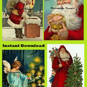 May include: A digital collage of four vintage Christmas images. The top left image shows Santa Claus climbing down a chimney. The top right image shows Santa Claus holding a golden box. The bottom left image shows an angel lighting candles on a Christmas tree. The bottom right image shows Santa Claus carrying a Christmas tree.