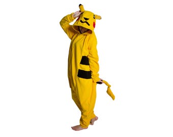 May include: Yellow Pikachu-themed onesie with a hood featuring Pikachu's face, including black eyes, red cheeks, and pointed ears. The onesie has a black stripe design on the sides and a tail. The outfit is designed for comfort and cosplay.
