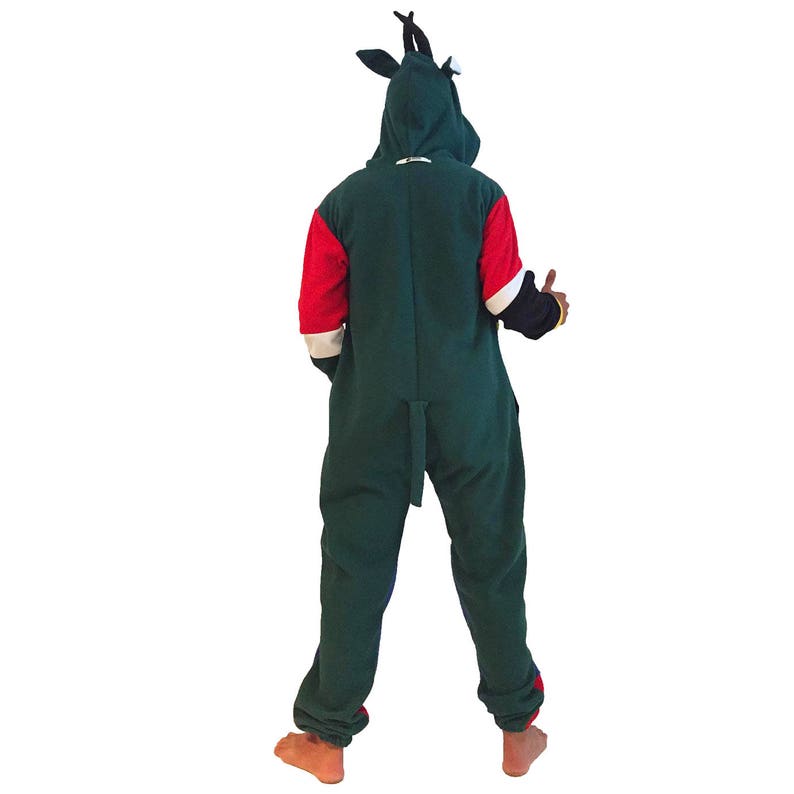 May include: A green, red, and black hooded animal onesie with a long tail. The onesie has a hood with a rhino head and horns.