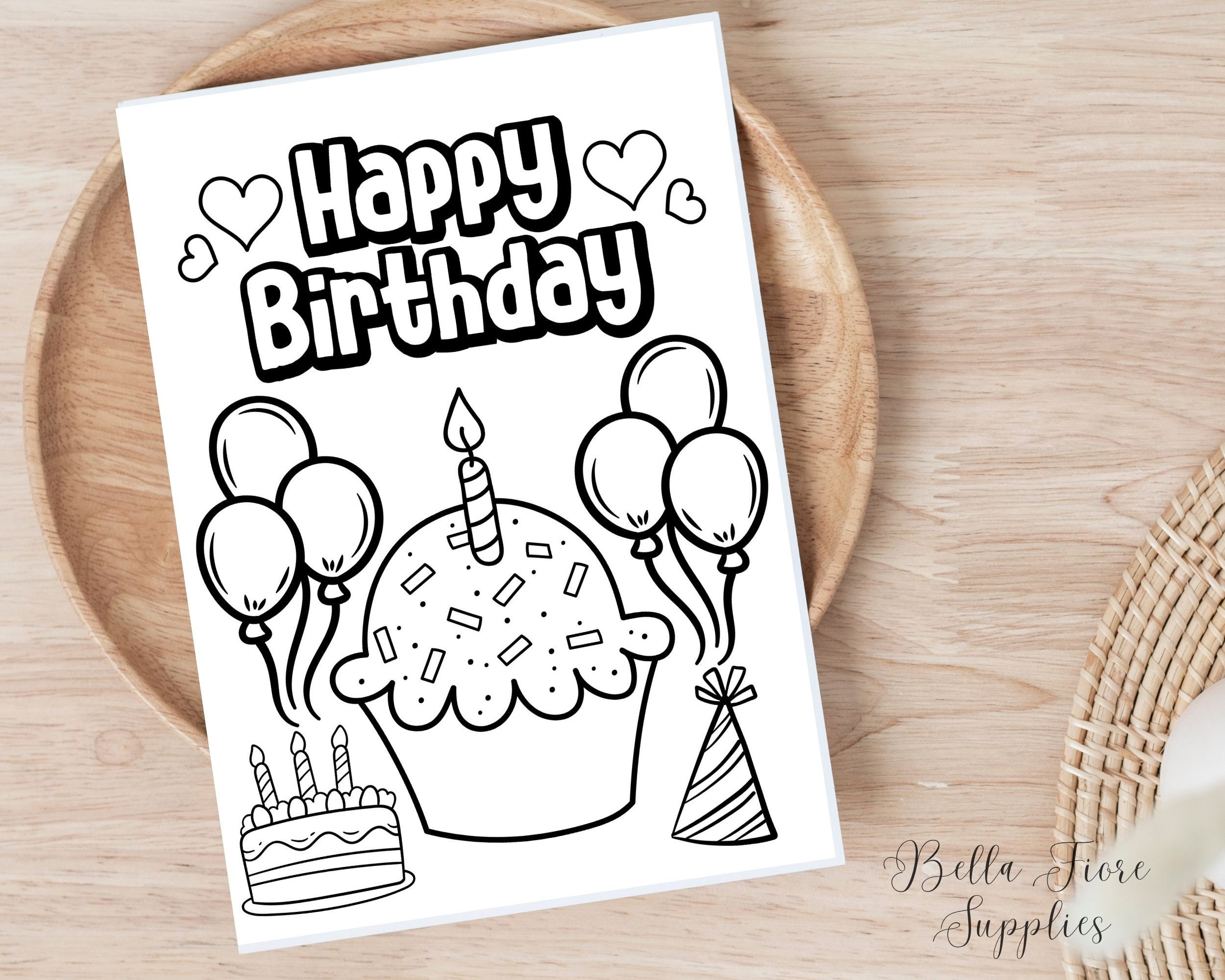 Happy Birthday Coloring Card, Printable Card, Birthday Digital Card