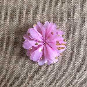 Pink Gold Polka Dot Ballerina Chiffon Flowers, 3 inch, Chiffon Flowers, Wholesale, DIY, Chiffon Headband