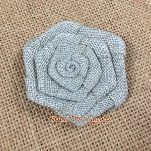 Gray Burlap Rolled Rosette Flowers, Silver Burlap Flower- 3 inch Rosette, Burlap Flowers, Wedding Supply, Burlap Rose