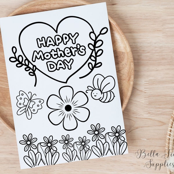 Coloring Happy Mothers Day Card, Printable Card, Digital Card, Instant Download, Mothers Day Card, Coloring Pages