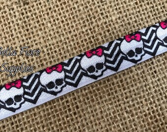 Skull Fold Over Elastic- Skull FOE- Crossbones elastic- Halloween FOE- Wholesale- DIY Headband-