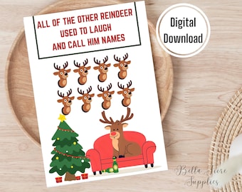 Divertente biglietto di Natale con renne, download digitale istantaneo