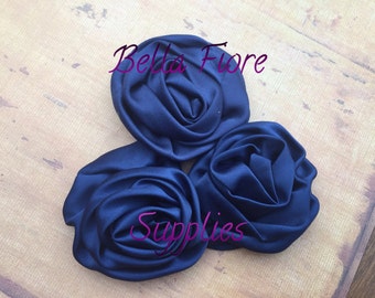 Navy Blue Satin Rolled Rosette Flowers, 3 inch Rosettes- DIY Satin Headband- Wholesale Satin Rosette Flowers