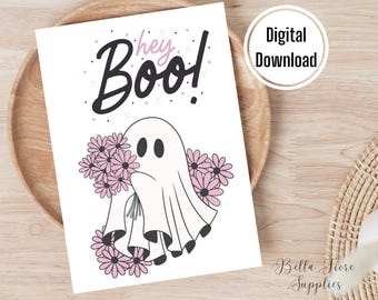 Hey Boo Ghost Halloween Card, Printable Blank Card (Digital Download)