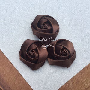 Chocolate Brown Mini Rolled Rosette Satin Flowers, 1.5  inch, Satin Flowers, Fabric Flower