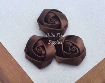 Chocolate Brown Mini Rolled Rosette Satin Flowers, 1.5  inch, Satin Flowers, Fabric Flower