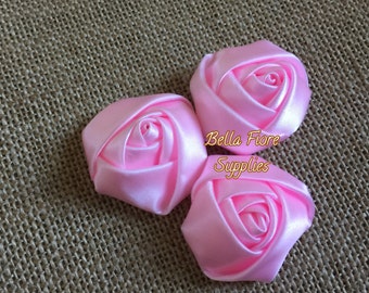Pink Mini Rolled Rosette Satin Flowers, 1.5  inch, Satin Flowers, Fabric Flower