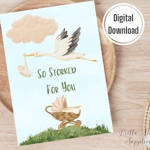 So Storked For You、ベビーシャワーカード、デジタルカード、インスタントダウンロード、ベビーカード、新生児、出産予定カード