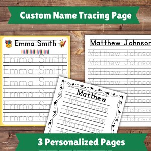 May include: Three printable tracing pages for kids to practice writing their names. The pages feature the names "Emma Smith", "Matthew Johnson", and "Matthew". Each page has multiple lines for tracing the name.