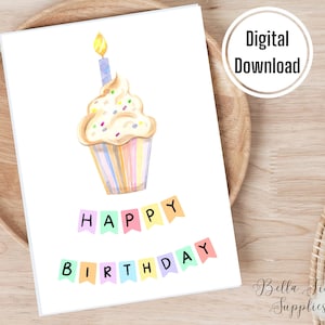 Cartão de aniversário de cupcake, cartão de aniversário, cartão digital, download instantâneo, cartão em branco, cartão para impressão, bolo de aniversário