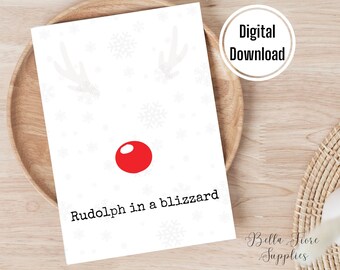 Biglietto di Natale Rudolph in una bufera di neve, divertente stampabile (biglietto digitale)