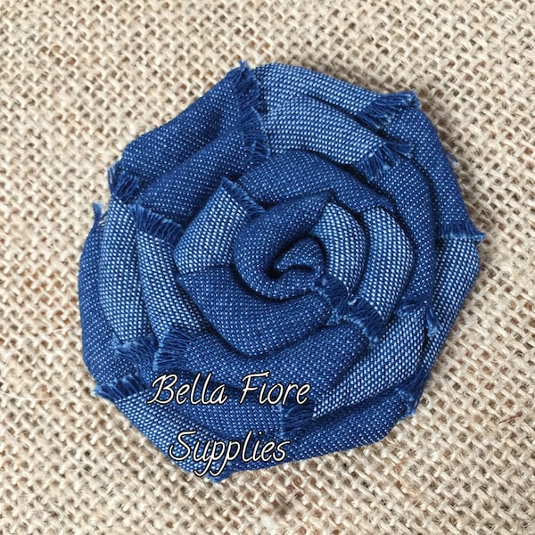Denim Blue Rolled Rosette Flowers- Denim Headband- Denim Hair Bow- Wholesale Denim Flowers