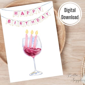 Wein Kerze Karte, Geburtstagskarte, digitale Karte, Sofort Download, leere Karte, druckbare Karte Wein Geburtstagskarte
