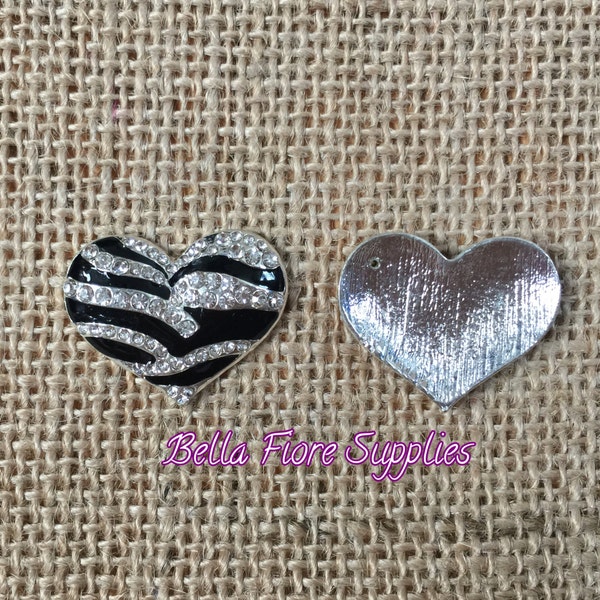 Heart Zebra Rhinestone Button- Zebra Flatback Buttons- 28mm x 24mm- Zebra Embellishment- Heart Embellishment-