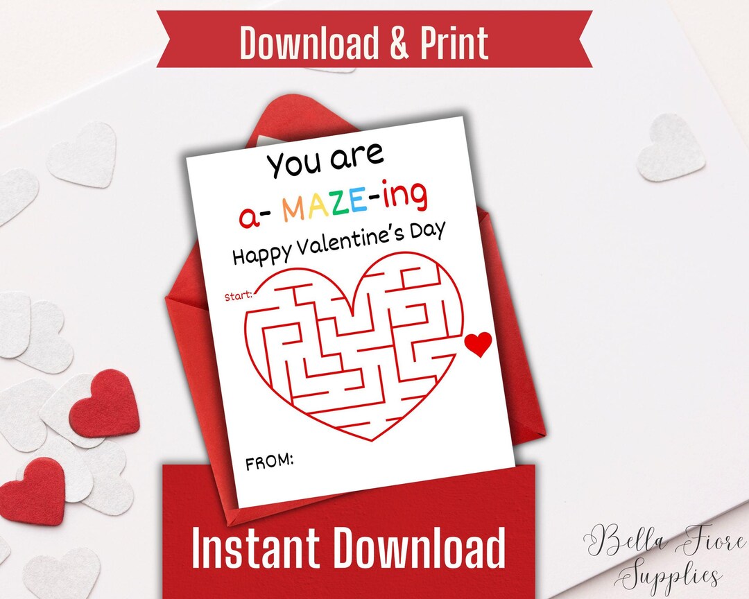 Maze Valentine Cards, Kids Valentines, Digital Card, Instant Download