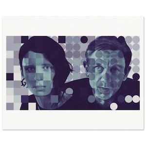 May include: A print featuring two people with a pixelated and dotted background. The image is primarily in shades of blue and gray. The subjects are looking directly at the viewer.