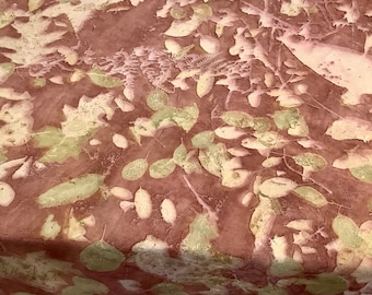Cutch dye and ecoprints on cotton tablecloth