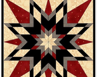 May include: A red, black, and cream colored quilt block with a large, eight-pointed star design. The star is made up of smaller triangles and squares. The background is a cream colored fabric with a subtle floral pattern. The quilt block is titled "Primitive Star."