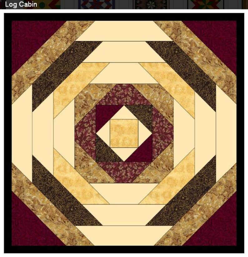 May include: A quilt block pattern called "Log Cabin" with a central square surrounded by concentric squares of burgundy, gold, and black fabric.