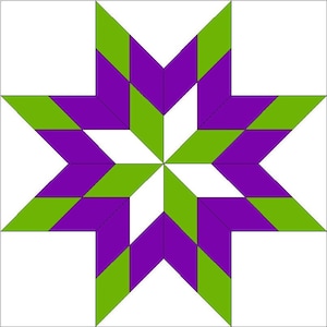 May include: A quilt block featuring a star design. The star is composed of alternating green and purple triangles.