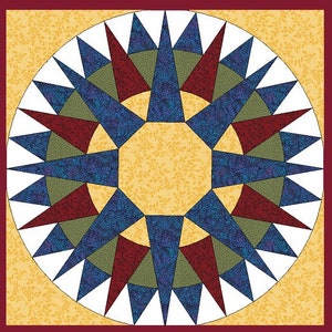 May include: A quilt block with a starburst design in shades of blue, red, green, and white. The center of the block is a yellow octagon with a leaf pattern.