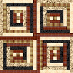 May include: A quilt block featuring a log cabin design in shades of brown, beige, red, and black.