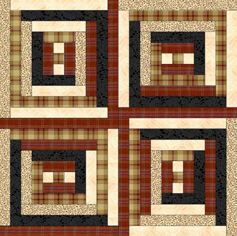 May include: A quilt block with a log cabin pattern in shades of brown, beige, red, and black.
