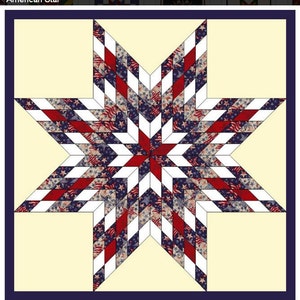 May include: A red, white, and blue star-shaped quilt block with a yellow background. The star is made up of smaller triangles in a repeating pattern. The quilt block is surrounded by a dark blue border.