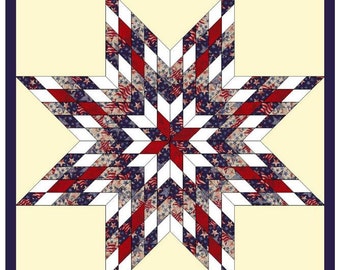 May include: A red, white, and blue star-shaped quilt block with a yellow background. The star is made up of smaller triangles in a repeating pattern. The quilt block is surrounded by a dark blue border.