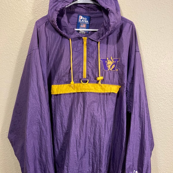 Vintage Pro Player Washington Huskies Men's L Purple 90s 1/2 Zip Hooded Pullover Jacket