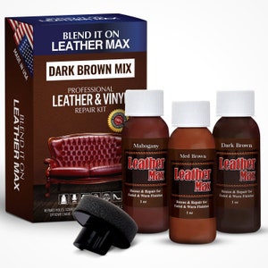 May include: Leather repair kit with three 1 ounce bottles of leather dye in mahogany, medium brown, and dark brown. The kit includes a sponge applicator and a box with the text "Blend it on Leather Max Dark Brown Mix Professional Leather & Vinyl Repair Kit".