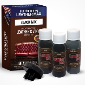 May include: Leather Max Black Mix professional leather and vinyl repair kit with three bottles of black and dark grey leather repair solution, a sponge applicator, and a box with a red, white, and blue American flag.
