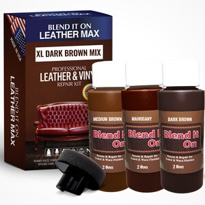 May include: Leather and vinyl repair kit with three bottles of brown leather dye: medium brown, mahogany, and dark brown. Each bottle is labeled "Blend It On" and contains 2 ounces of dye. The kit also includes a sponge applicator and a small bottle of leather conditioner.