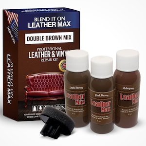May include: Leather repair kit with three bottles of brown leather dye, a sponge applicator, and a box with the text "Blend it on Leather Max Double Brown Mix Professional Leather & Vinyl Repair Kit".